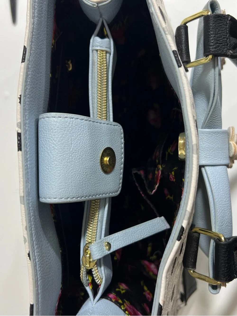 Betsey Johnson White Polka Dot Satchel with Light Blue Bow